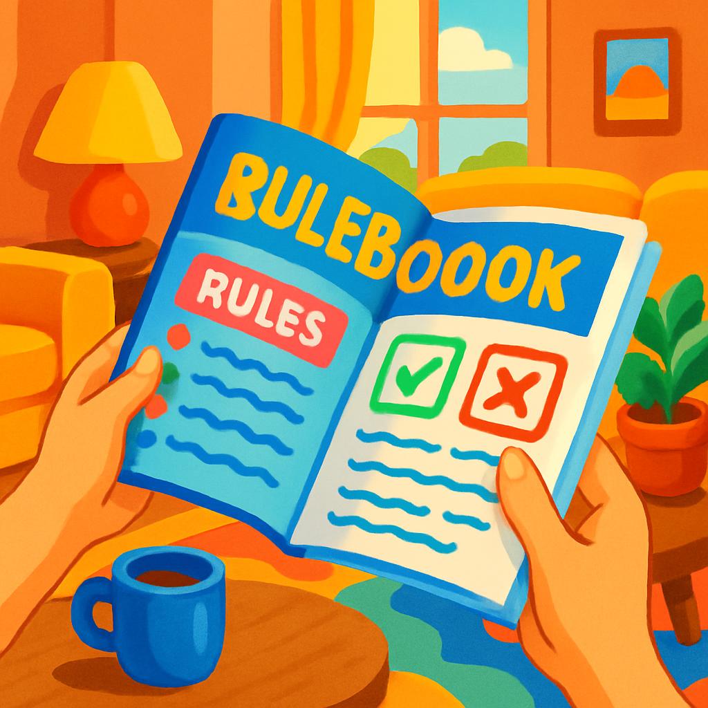 An open rulebook held indoors, with a person seated at a table featuring a cup, surrounded by furniture and a window.