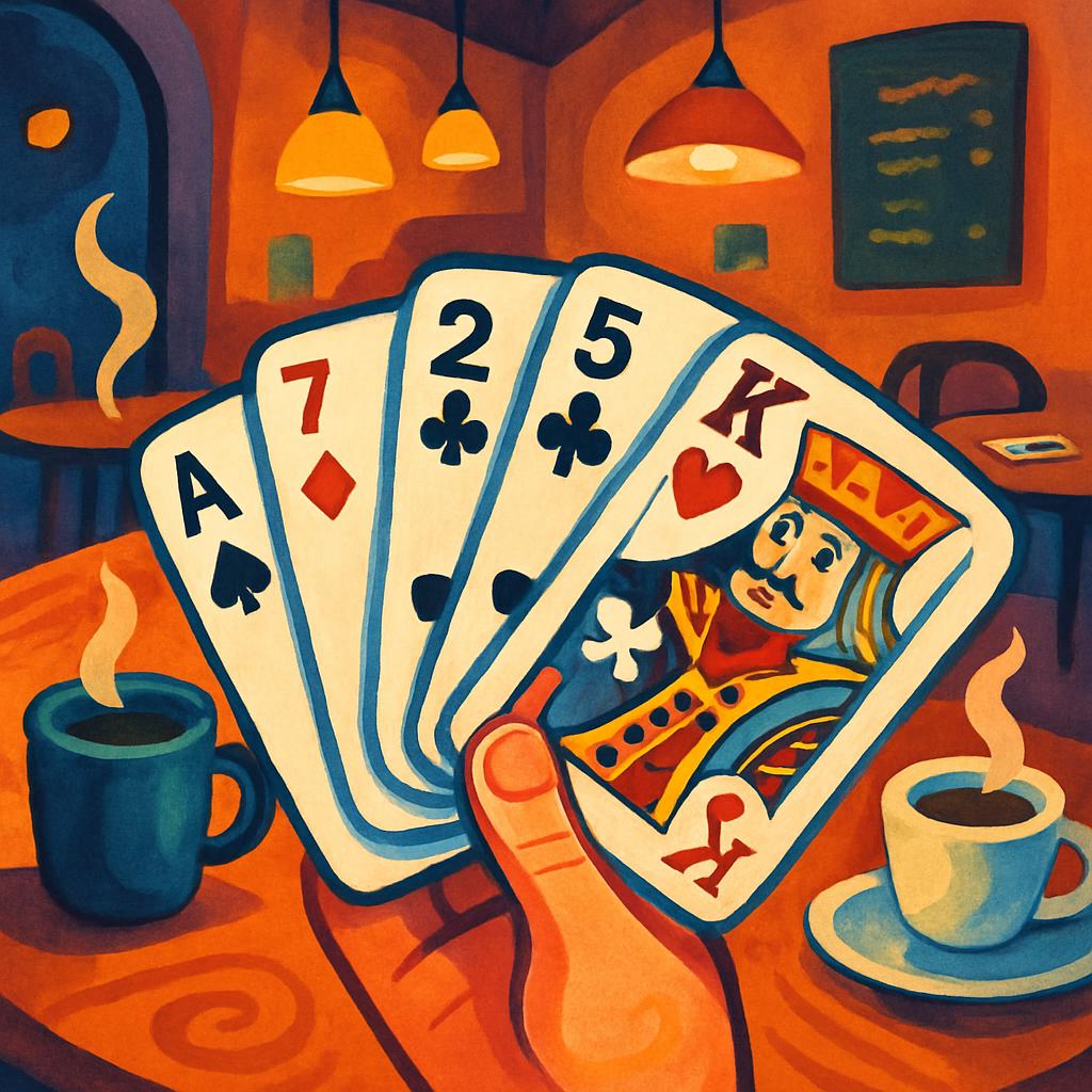 a hand holds four playing cards, with a king of hearts and ace, club, and diamond visible, sitting on a table with coffee ...