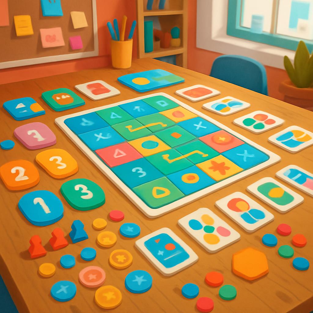 A colorful 3D rendering of an illustrated gameboard on a wooden desk with various other game pieces scattered around, sugg...